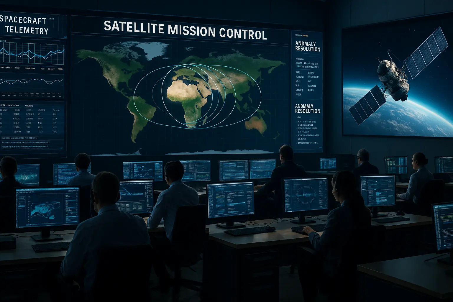 Mission-Ops Digital-Twin — satellite mission control centre with telemetry and anomaly resolution screens