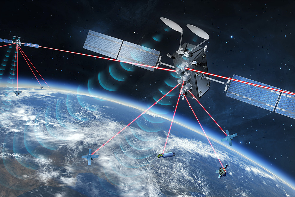 Cold-Gas & Green Propulsion Module — satellite with thruster and laser-comm links