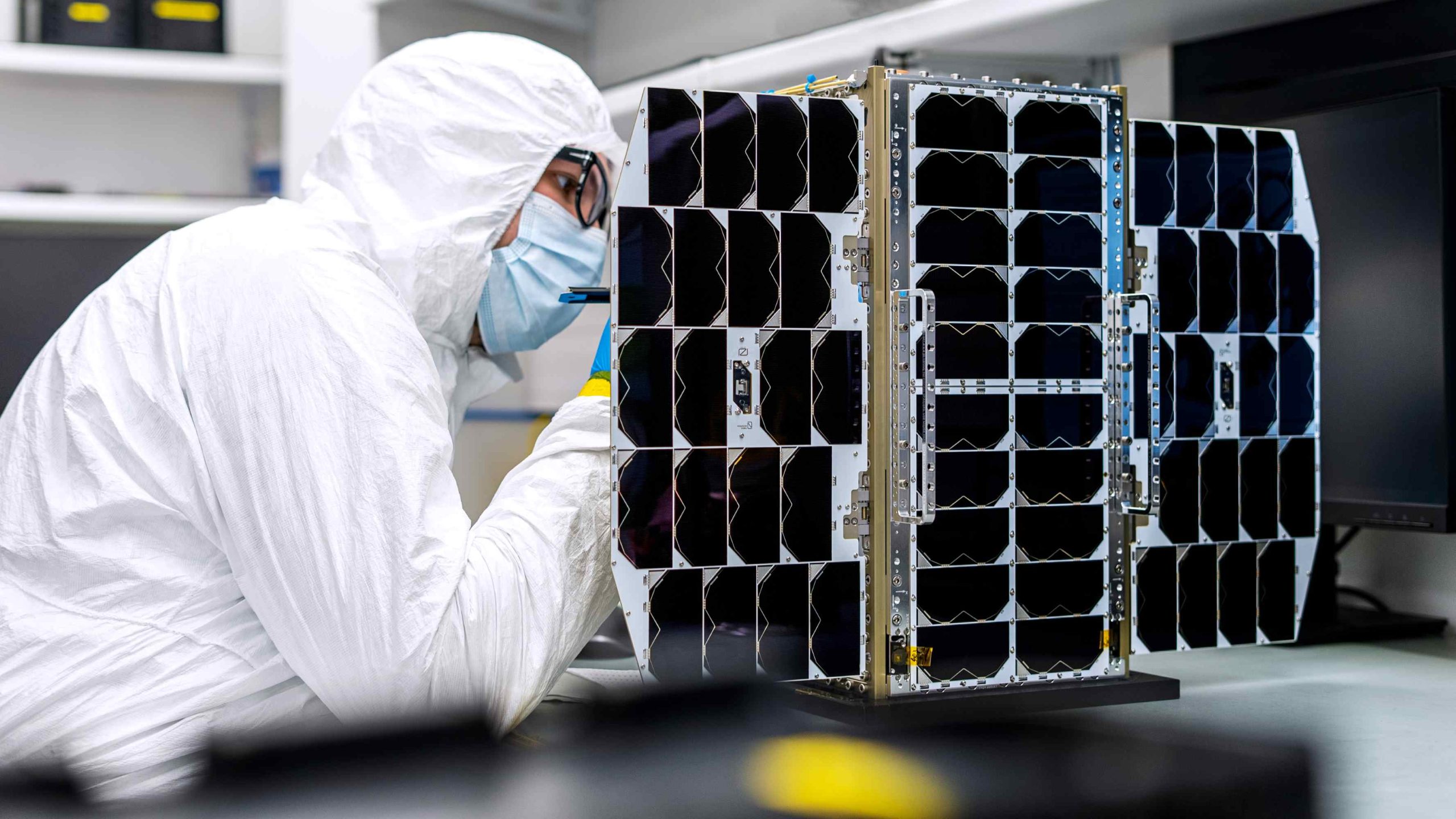 Small-satellite platform — Kongsberg NanoAvionics 16U satellite assembly in cleanroom