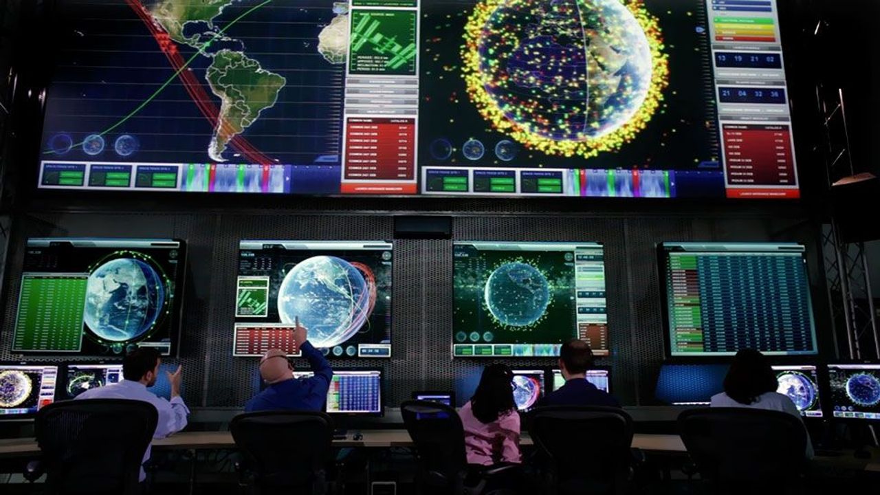 Mission control centre with global tracking and telemetry walls — into-orbit journey